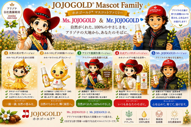 ホホゴールド®公式キャラクター「JOJOGOLD® Mascot Family」の紹介画像。Ms. JOJOGOLD®とMr. JOJOGOLD®、天然の美の雫、ホホバのしずくの妖精、アリゾナ農園作業、公式アンバサダーの各バージョンを紹介し、アリゾナ自社農園で育まれた原種ホホバとホホゴールド®ブランドの世界観を表現したイメージビジュアル。