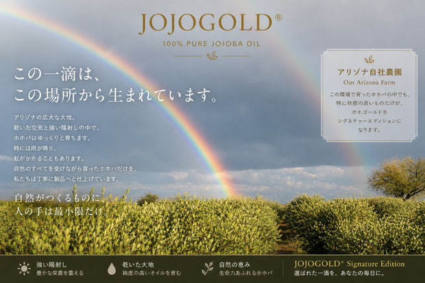 アリゾナの自社ホホバ農園にかかる虹とホホバ畑の風景 Rainbow over jojoba farm in Arizona where JOJOGOLD is cultivated