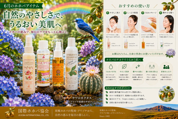 紫陽花、虹、青い鳥、サワロカクタス、アリゾナの自然風景を背景に、ホホゴールド、ミスマリコ、ラララ、オブライエンズシャンプーを紹介する「6月のおすすめホホバアイテム」の広告画像。国際ホホバ協会の原種ホホバ製品の魅力と使い方を、明るく上品なデザインで表現している。