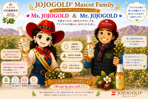 JOJOGOLD® Mascot Familyの公式紹介画像。Ms. JOJOGOLD®とMr. JOJOGOLD®がアリゾナ自社農園を背景にホホゴールド®を手にし、原種ホホバの魅力や自然への想いを紹介している。下部には実際のアリゾナ農園の風景写真を配置し、1982年創業の国際ホホバ協会と、皆様とともに育む原種ホホバの物語を表現したブランドビジュアル。