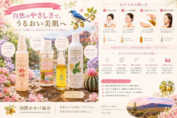 紫陽花、虹、青い鳥、サワロカクタス、アリゾナの自然風景を背景に、ホホゴールド、ミスマリコ、ラララ、オブライエンズシャンプーを紹介する「6月のおすすめホホバアイテム」の広告画像。国際ホホバ協会の原種ホホバ製品の魅力と使い方を、明るく上品なデザインで表現している。