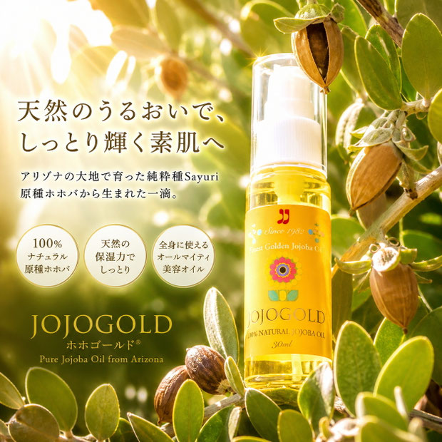 アリゾナのホホバ農園で育つ植物の中に置かれたホホバオイル「ホホゴールド」。天然保湿のナチュラルスキンケアオイル ホホゴールド JOJOGOLD jojoba oil in Arizona farm natural moisturizing skincare