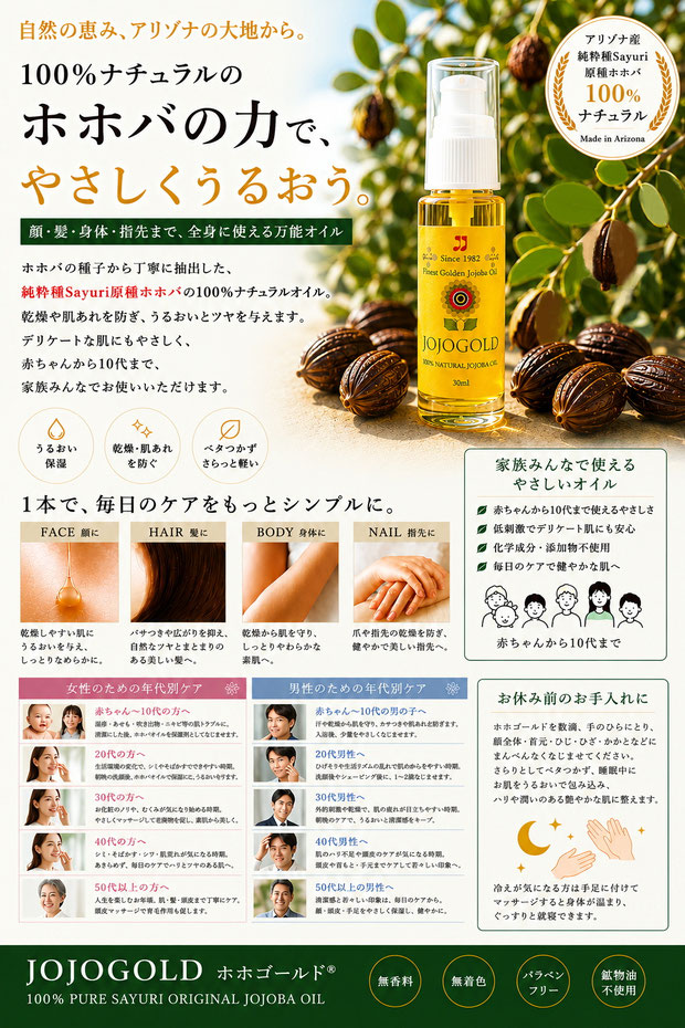 JOJOGOLDホホバオイルの使い方を紹介するページデザイン。アリゾナ産純粋種Sayuri原種ホホバを使用した黄色ラベルのホホゴールドボトルを中心に、顔・髪・身体・ネイルへの使用方法、女性・男性の年代別ケア、就寝前のお手入れ方法をわかりやすく紹介している。家族みんなで使える100%ナチュラルホホバオイルの保湿力とやさしさを表現した、明るく上質なデザイン。