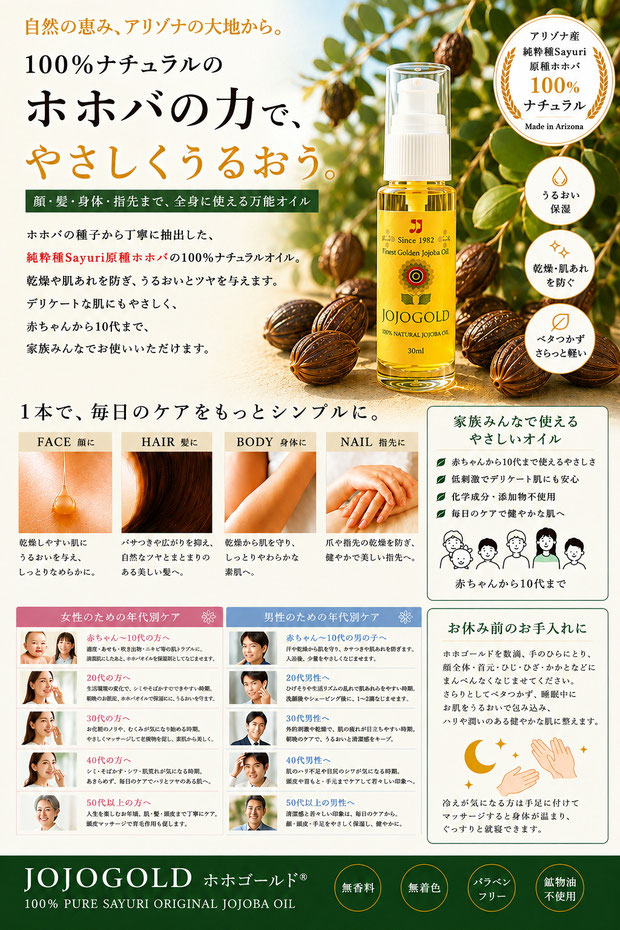 アリゾナ産純粋種Sayuri原種ホホバを使用したJOJOGOLDホホバオイル。ホホバの実と葉を背景に、顔・髪・身体・爪まで使える家族向けナチュラルスキンケアを紹介する広告画像。