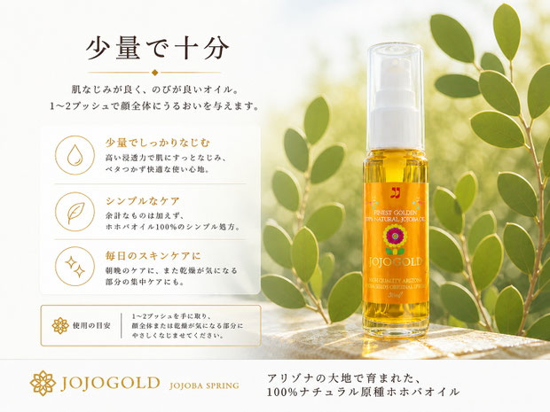 少量で肌になじむホホバオイル、1〜2プッシュで保湿できるJOJOGOLDの特徴
