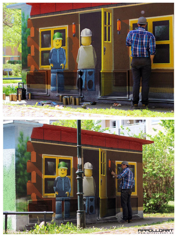 Fassadenwand in der Bemalungsphase Airbrush Graffiti