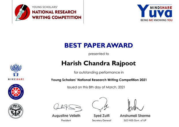 Certificate of Best paper Award in Young Scholars' National Research Writing Competition 2021.