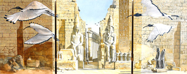 Ibeses alight upon Luxor - oil and graphite on canvas - 214 x 90 cm
