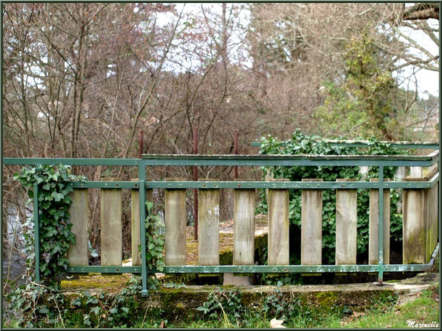 Rambarde de protection d'une des écluses et sa cascade sur le Canal des Landes au Parc de la Chêneraie à Gujan-Mestras (Bassin d'Arcachon)