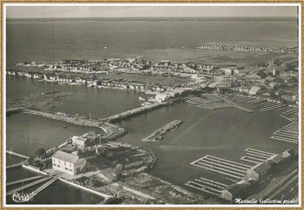 Gujan-Mestras autrefois : Vue aérienne avec l'ancienne Huîtrerie Daycard, les anciens réservoirs, le Port de Larros, Bassin d'Arcachon (carte postale, collection privée)