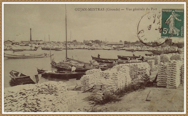 Gujan-Mestras autrefois : entre 1914-1920, darse principale du Port de Larros (avec le moulin en fond à droite), Bassin d'Arcachon (carte postale, collection privée)