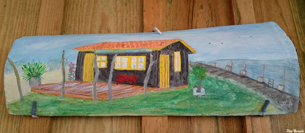 L'Atelier à JLA - "La Cabane à Ludo au Port du Canal" - Peinture sur tuile ostréicole (Bassin d'Arcachon)