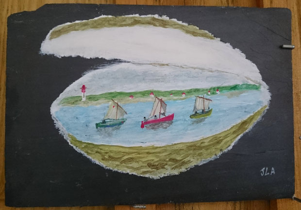 JLA Artiste Peintre - "Huître ouverte et régate de pinasses à voile au large du Cap Ferret" 021 - Peinture sur ardoise (Bassin d'Arcachon)