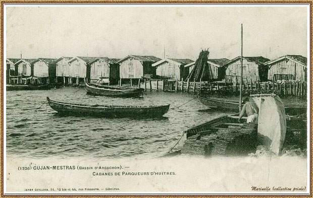 Gujan-Mestras autrefois : vers 1910, Port de Larros, darse face au Port de La Passerelle,  avec cabanes sur pilotis et pinassottes, Bassin d'Arcachon (carte postale, collection privée)