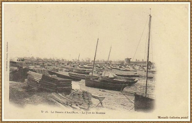 Gujan-Mestras autrefois : La darse principale du Port de Larros (avec le moulin en fond), Bassin d'Arcachon (carte postale, collection privée)