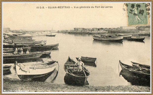 Gujan-Mestras autrefois : en 1915, la darse principale du Port de Larros, Bassin d'Arcachon (carte postale, collection privée)