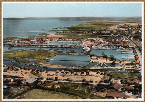 Gujan-Mestras autrefois : Vue aérienne avec l'ancienne Huîtrerie Daycard, les anciens réservoirs, les Ports de Gujan (Passserelle) et de Larros, Bassin d'Arcachon (carte postale, collection privée)