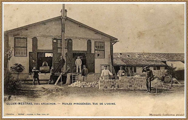 Gujan-Mestras autrefois : Vue de l'usine d'huiles pyrogénées, inexistante de nos jours (carte postale, collection privée)