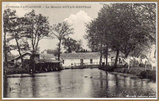 Gujan-Mestras autrefois : en 1908, le Moulin à eau Daney et le lavoir au lieu-dit "Bruge" , Bassin d'Arcachon (carte postale, collection privée) - autre version