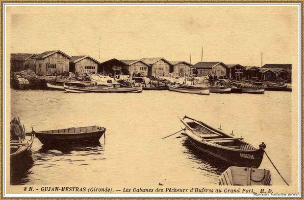 Gujan-Mestras autrefois : Port de Larros, darse principale avec cabane et pinassottes, Bassin d'Arcachon (carte postale, collection privée)