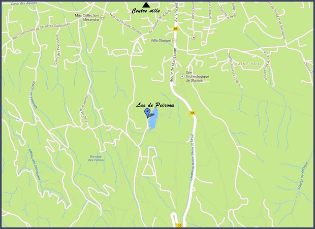 Plan de situation du lac de Peiroou à Saint Rémy de Provence, Alpilles (13) - plan agrandissable en cliquant dessus