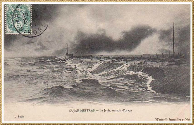 Gujan-Mestras autrefois : en 1907, la Jetée du Christ un soir d'orage, Port de Larros, Bassin d'Arcachon (carte postale, collection privée)