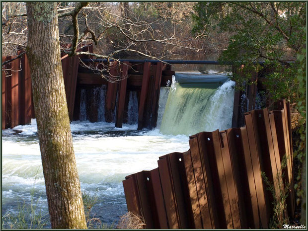 Une des écluses et sa cascade sur le Canal des Landes au Parc de la Chêneraie à Gujan-Mestras (Bassin d'Arcachon)