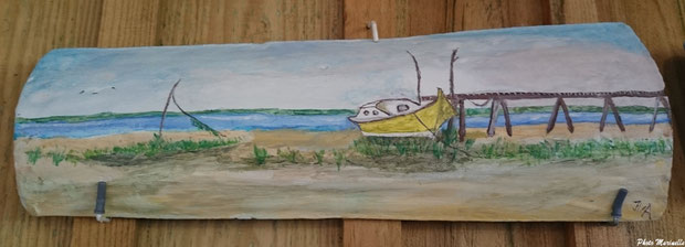 L'Atelier à JLA - "Pinasse jaune à quai" - Peinture sur tuile ostréicole (Bassin d'Arcachon)