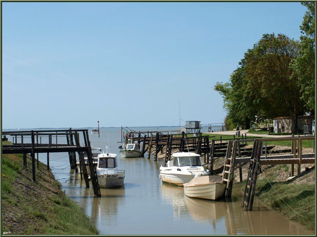 Le petit port de Talmont-sur-Gironde, à l'entrée du village, avec en fond un de ses carrlets à ponton, Charente-Maritime