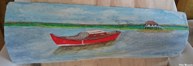 L'Atelier à JLA - "Pinasse rouge et cabane tchanquée Ile aux Oiseaux" - Peinture sur tuile ostréicole (Bassin d'Arcachon)