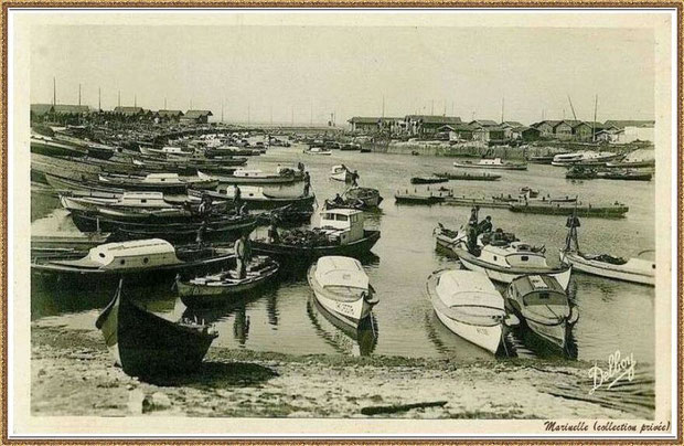 Gujan-Mestras autrefois : en 1948, darse principale du Port de Larros (avec la Jetée du Christ à l'horizon), Bassin d'Arcachon (carte postale, collection privée)