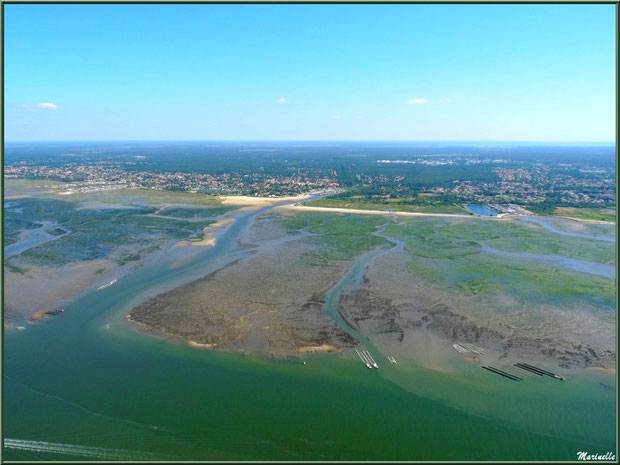 Le Bassin à marée montante, ses chenaux, quelques parcs à huîtres, La Teste et son port du Rocher, Gujan Mestras avec sa plage de La Hume et son port de Meyran , Bassin d'Arcachon (33) vu du ciel