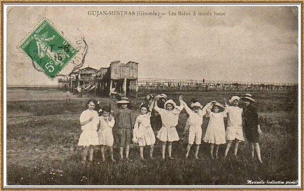 Gujan-Mestras autrefois : en 1916, l'Etablissement de Bains au Port de Gujan (ex Port de la Passerelle) à marée basse, Bassin d'Arcachon (carte postale, collection privée)