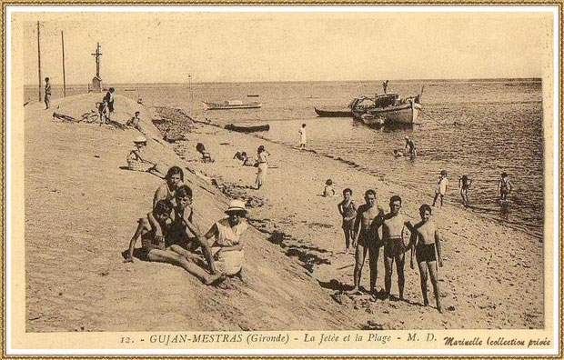 Gujan-Mestras autrefois : La Jetée du Christ, la plage et l'entrée du Port de Larros, Bassin d'Arcachon (carte postale, collection privée)