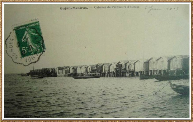 Gujan-Mestras autrefois : en 1913, Port de Larros, darse face au Port de La Passerelle,  avec cabanes sur pilotis et pinassottes, Bassin d'Arcachon (carte postale, collection privée)