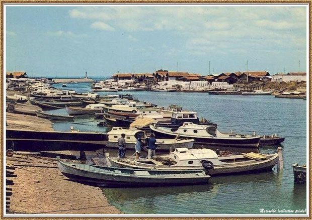 Gujan-Mestras autrefois : Pinasses, pinassottes et chalands dans la darse principale du Port de Larros, Bassin d'Arcachon (carte postale, collection privée)