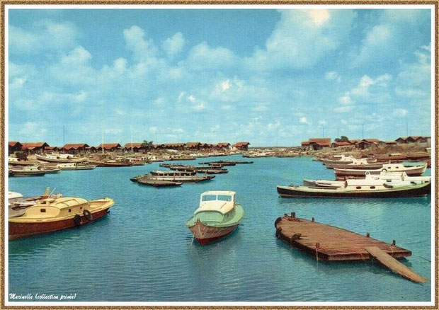 Gujan-Mestras autrefois : en 1960, pinasses et chalands dans la darse principale du Port de Larros, Bassin d'Arcachon (carte postale, collection privée)