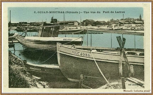 Gujan-Mestras autrefois : Vue de la darse principale du Port de Larros, Bassin d'Arcachon (carte postale, collection privée)