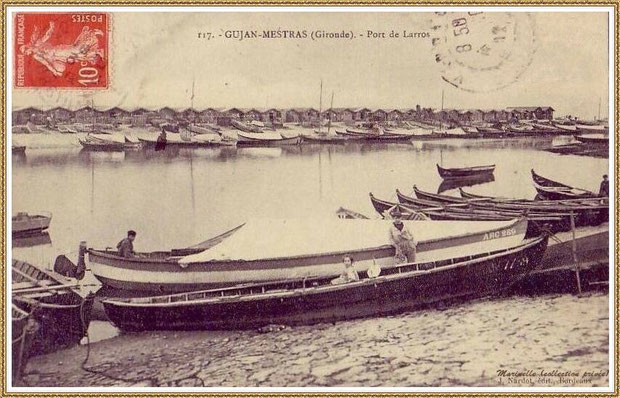 Gujan-Mestras autrefois : en 1912, pinassottes dans la darse principale du Port de Larros, Bassin d'Arcachon (carte postale, collection privée)