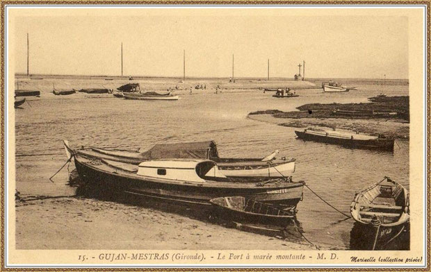 Gujan-Mestras autrefois : rencontre entre darses principale et secondaire du Port de Larros (avec la Jetée du Christ), Bassin d'Arcachon (carte postale - version NB, collection privée)