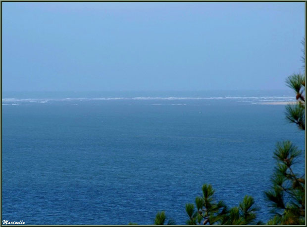 Vue depuis les hauteurs de La Corniche à Pyla-sur-Mer, Bassin d'Arcachon (33) : le Bassin, bancs de sable et les Passes en toile de fond