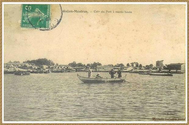 Gujan-Mestras autrefois : en 1908, la darse principale du Port de Larros (avec le moulin en fond), Bassin d'Arcachon (carte postale, collection privée)