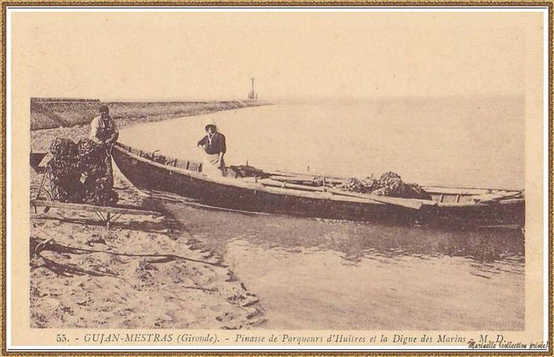 Gujan-Mestras autrefois : couple de d'ostréiculteurs avec leur pinassotte devant la Jetée du Christ au Port de Larros, Bassin d'Arcachon (carte postale, collection privée)