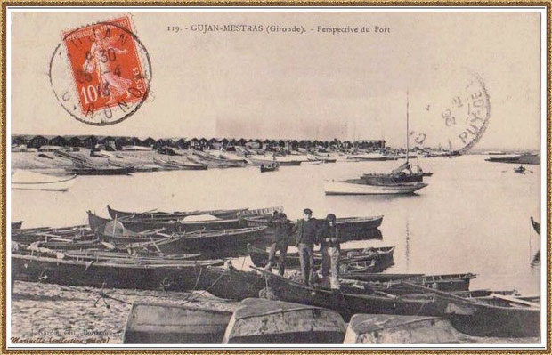 Gujan-Mestras autrefois : en 1913, pinassottes et pinasses à voile dans la darse principale du Port de Larros, Bassin d'Arcachon (carte postale, collection privée)