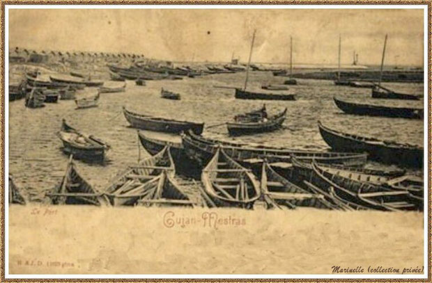 Gujan-Mestras autrefois : Darse principale du Port de Larros avec pinassottes et pinasses à voile ainsi que Jetée du Christ à l'horizon, Bassin d'Arcachon (carte postale, collection privée)