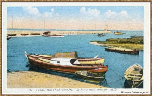 Gujan-Mestras autrefois : rencontre entre darses principale et secondaire du Port de Larros (avec la Jetée du Christ), Bassin d'Arcachon (carte postale - version colorisée, collection privée)