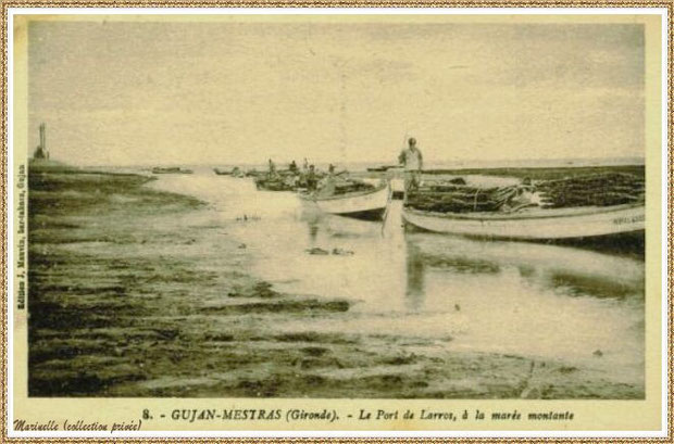 Gujan-Mestras autrefois : Retour des parcs à huîtres des pinasses et pinassottes au Port de Larros, Bassin d'Arcachon (carte postale, collection privée)