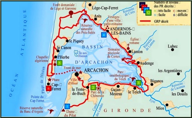 Carte des sentiers du littoral autour du Bassin d'Arcachon (33)