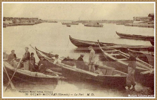 Gujan-Mestras autrefois : Pinassottes dans la darse principale du Port de Larros, Bassin d'Arcachon (carte postale, collection privée)