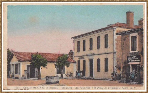 Gujan-Mestras autrefois : ancienne Rue Carrère Daney (devenue Rue Jules Barat) ici à l' angle(de nos jours) de la rue Jules Barat et de l'Impasse Gambetta, Bassin d'Arcachon (carte postale, collection privée) - autre vue et colorisée